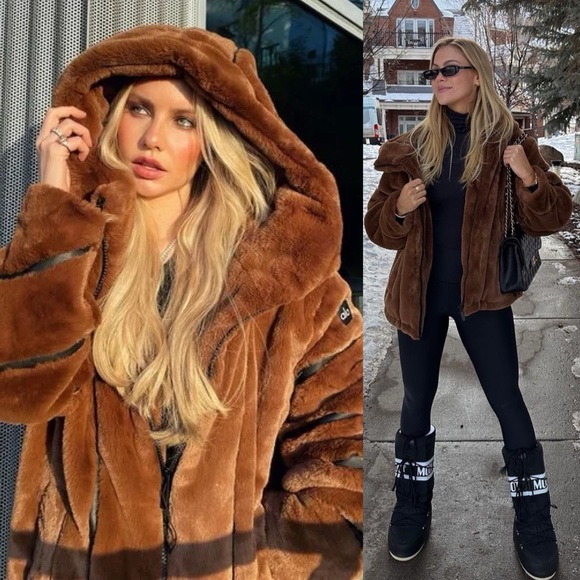 ALO Yoga Knockout Faux Fur Hooded Oversized Coat Jacket Chocolate Brown - Picture 11 of 15